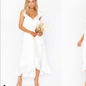 Show Me Your Mumu Samantha Ruffle Wrap dress in ivory satin